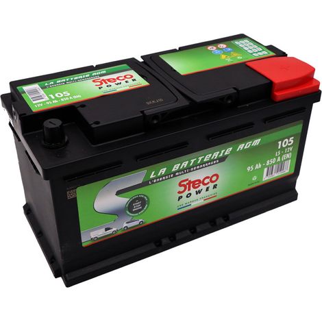 Batterie Stop and Start 12 V 95 Ah 850 A – 105 – Technologie AGM pour véhicules avec fonction Stop/Start – Rebord de fixation B13 – Steco