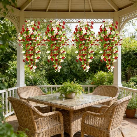 4 Pétunias Artificiels Extérieurs – Blanc et Rouge, Plantes Retombantes, UV Résistants pour Jardin (1/5)
