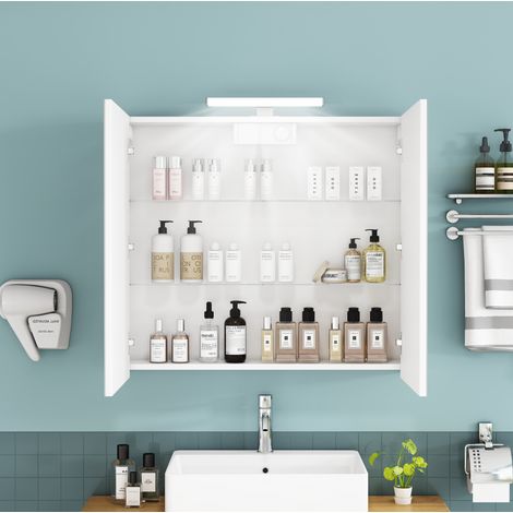 Mobile bagno specchio 80 cm bianco, 2 ante, LED, presa francese (1/5)