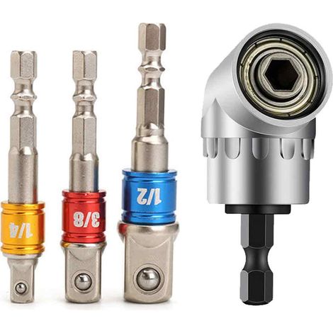 LITZEE Adaptateur de visseuse d'angle 105 ° (1/4, foret hexagonal) et 3 pièces adaptateur de douille pour visseuse sans fil adaptateur douille douille pour porte-embout (1/4,3/8,1/2). (1/5)