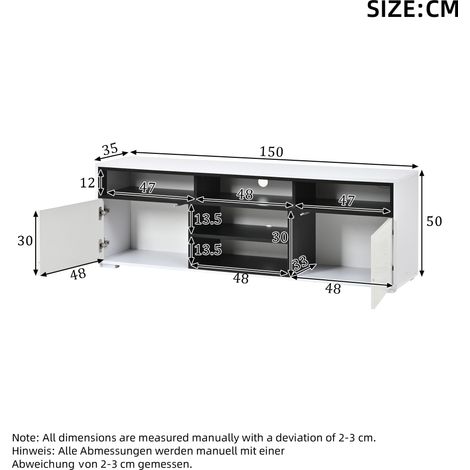 Meuble TV LED 150x35x50 cm en panneau de particules brillant, buffet bas moderne avec rangements pour petit salon, meuble sous TV à 2 portes et 8 compartiments, idéal pour appartements compacts (1/5)