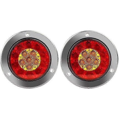 Lot de 2 feux arrière ronds de 10 cm (4 pouces) pour camions et remorques, étanches, à 16 LED rouges/ambre et clignotants (12-2). (1/5)