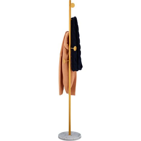 Relaxdays Perchero de Mármol, Colagador de Pie para Abrigos con 5 Ganchos, Vestidor, 172 x 29 cm, Blanco/Dorado