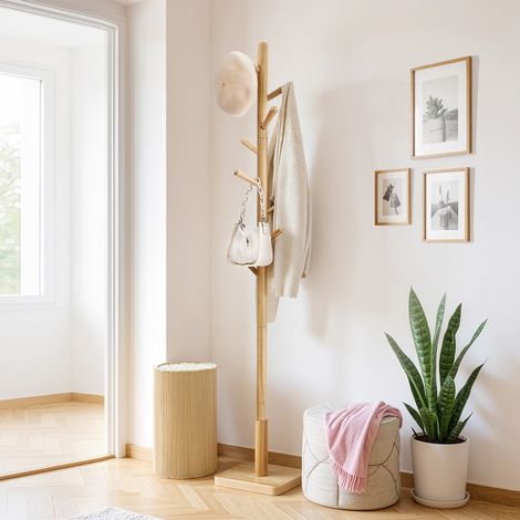Portant à Vêtements, avec 8 Crochets, Sacs, pour Chambre, Entrée, Couloir, pour Manteaux, Chapeaux,Bois d'Hévéa, Beige Naturel (1/5)