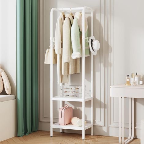 Petit porte-manteau en métal avec étagère et crochet, portant à vêtements autonome pour couloir, chambre, bureau, balcon, petit espace, entrée (Blanc) (1/5)