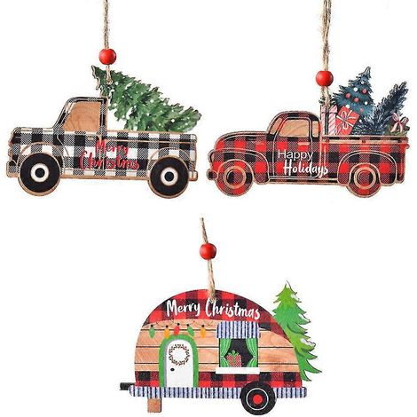 Décorations de Noël en bois en forme de voiture, pendentifs en bois représentant des camions et des voitures de dessin animé (1/5)