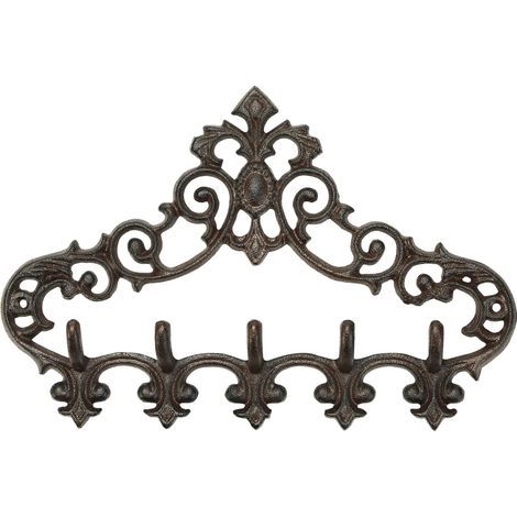 Patère murale en fonte de style campagnard avec 5 crochets - organisateur de rangement/porte-manteau mural pratique en fer - joli motif, charmante décoration murale, pour suspendre clés, vêtements et (1/5)