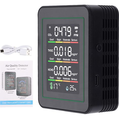 Moniteur qualité air 5 en 1 WiFi CO2 Tuya – Détecteur HCHO TVOC écran LCD capteur infrarouge température humidité MT11NW noir (1/5)