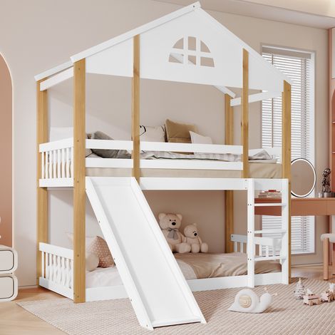 MEUBLIV Lit superposé cabane enfant avec toboggan et escalier angle droit fenêtre de sécurité boiset MDF blanc naturel 90 x 200 cm