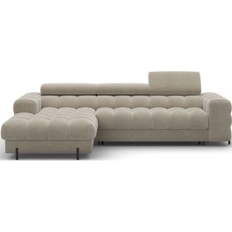 Canapé d’angle convertible velours appuis-tête réglables KATE – Coffre et pieds métal noir angle gauche-Beige-angle gauche (1/5)
