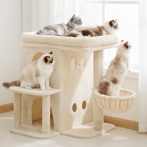 Arbre à Chat, Tour de 65 cm pour Grands Chats avec Plateforme Spacieuse, Cabines Double Couche, Poteaux à Griffes en Sisal, Panier Confortable et Pompon, Beige HCT204SM (1/5)