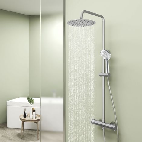 AICA colonne de douche thermostatique avec douche de tête ronde de 25X25 CM, douchette à main 3 fonctions, hauteur réglable,chromée (1/5)