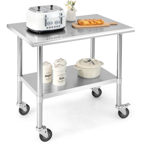 COSTWAY Tavolo da Lavoro in Acciaio Inox, Tavolo di Preparazione Alimentare/Porta Attrezzi con Ruote e Ripiano Inferiore Regolabile, per Cucina, Ristorante, Officina e Garage, 91,5 x 61 x 89,5 cm (1/4)