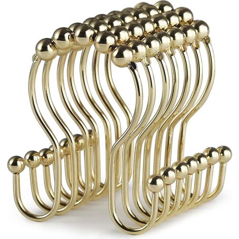 Duschvorhanghaken, 12 Duschvorhangringe, rostfreie goldene Edelstahl-Duschhaken, leichtgängig und sturzsicher, Doppel-Duschhaken, geeignet für Duschvorhänge