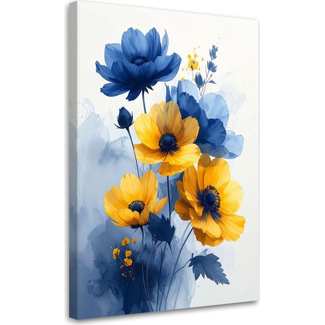 Toile Imprimée, Fleurs botaniques bleues et jaunes,20x30