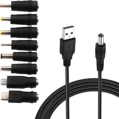 cable usb vers dc 5v,Câble USB vers DC d'alimentation,8-en-1 DC adaptateur alimentation 5.5 x 2.1mm DC Barrel Jack pour Ordinateur Portable, Routeur etc(1m, noir)