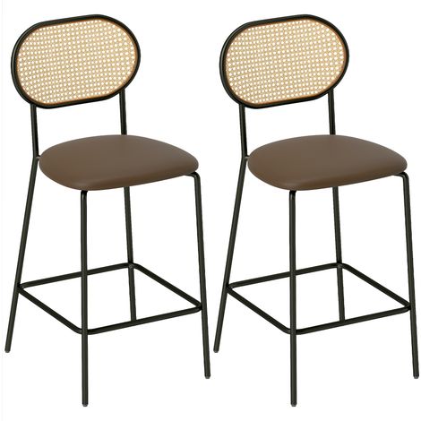 Banc rembourré, en acier, en rotin, en PU, marron, avec repose-pieds, pour salon chambre entrée, assise confortable, pour entrée salon chambre