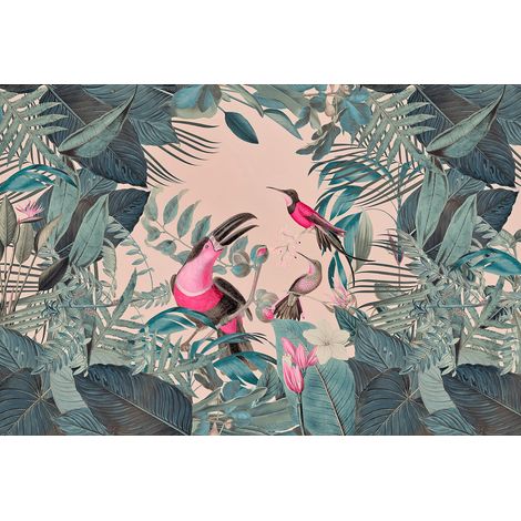 Papier peint panoramique jungle moderne oiseaux Tapisserie panoramique animaux exotique salle de bain Papier peint panoramique tropical toucans (1/2)