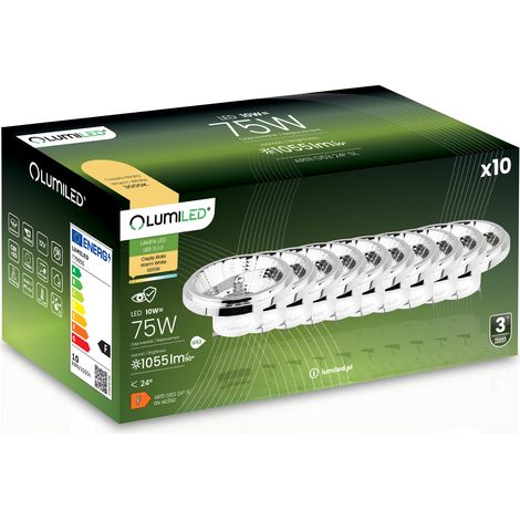10 bombillas LED G53 reflectoras AR111 10W = 75W 1055lm 3000K cálida 24° 12V plateadas LUMILED