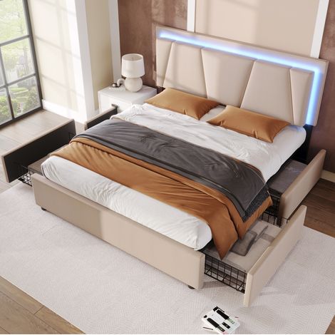 Lit 140x200 avec 4 tiroirs LED tête réglable OKMYHOME (1/5)