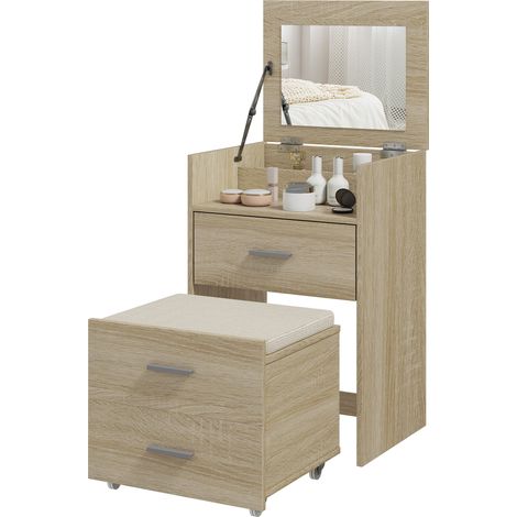HOMCOM Tavolo Toeletta Specchio Ribaltabile Sgabello Imbottito con Ruote