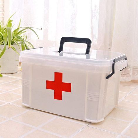 Boîte de rangement pour médicaments, boîte à médicaments portable en plastique verrouillable, boîte de rangement pour médicaments, boîte de premiers secours multicouches blanche (1/4)