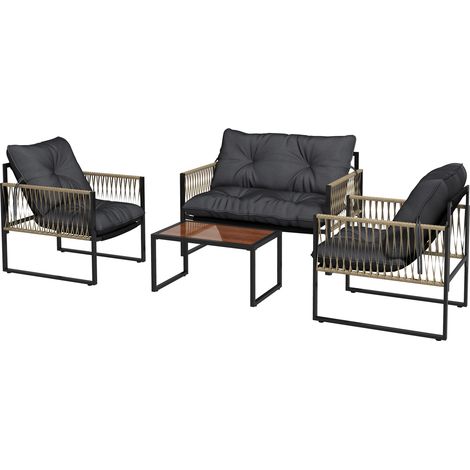 Ensemble de jardin 4 pièces en rotin avec canapé, 2 chaises et table basse, gris et marron (1/5)