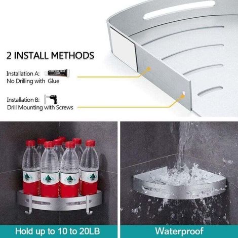Etagere Douche sans Percage d'angle et Cuisine Serviteurs de Douche, Colle Brevetée + Auto-adhésif, Aluminium, Finition Mat.1 Pièces Argent