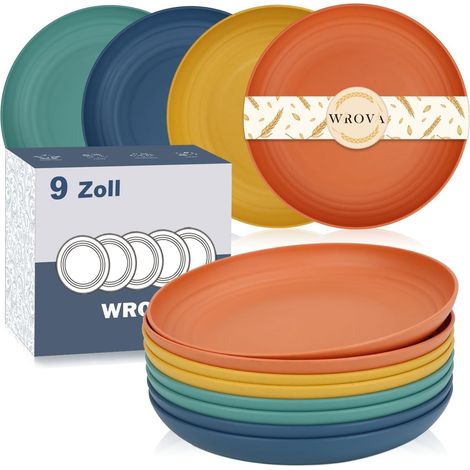 Lot d'assiettes plates en plastique incassable pour 8 personnes - 22,5 cm - Vaisselle pour lave-vaisselle et micro-ondes, assiettes de camping, assiettes à petit-déjeuner, assiettes à gâteau (1/5)
