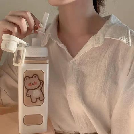 Bouteille d eau pour petite fille avec paille et stickers sans fuite sport plastique carré pour école et loisirs (1/5)