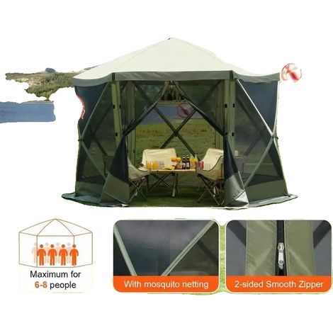 Refugio de jardín plegable, 3,05 m x 3,05 m, poligonal hexagonal, diseño de montaje rápido, capacidad para 5-8 personas, toldos resistentes al viento extraíbles. (1/5)