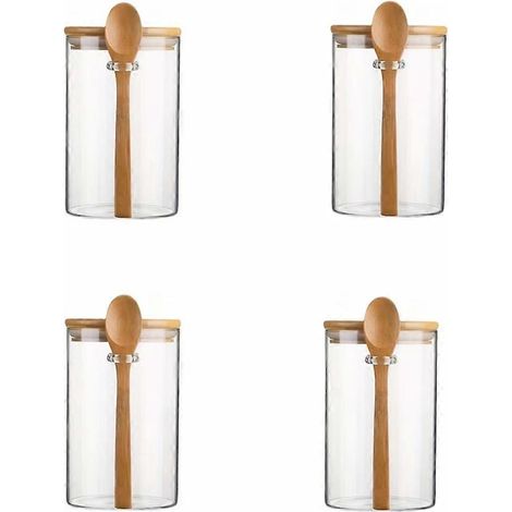 Bonbonnière en verre transparent avec couvercle en bambou hermétique et cuillère (1/5)