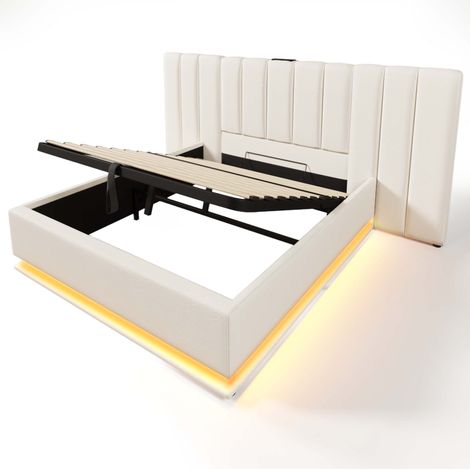 Cama canapé 160x200 de PU blanco con LED y carga USB-C, con colchón, HOMVRA (1/5)
