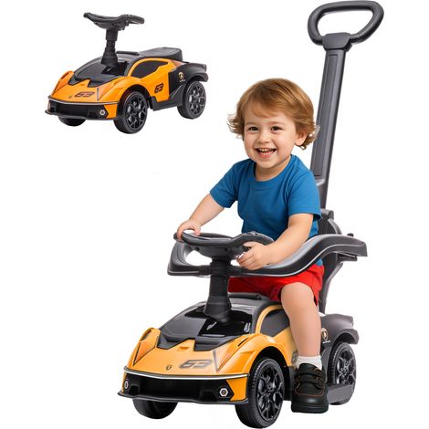 Voiture électrique 2 en 1 pour enfants avec poignée et barrière de sécurité, 86,5 x 40 x 89,5 cm, orange et noir (1/5)