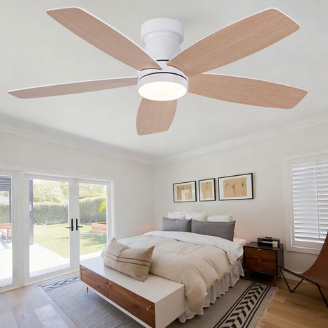 Ventilador de techo con luz LED y mando a distancia, 5 aspas de madera, metal y madera, blanco y natural (1/5)