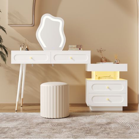 Toeletta con specchio LED e illuminazione, 4 cassetti, 1 nicchia, bianca 140 x 40 x 130 cm DESVIAE (1/5)