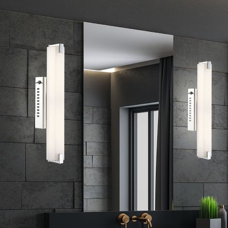 LED Wandleuchte mit Schalter Wandlampe Spiegelleuchte Chrom Treppenhausleuchte Glas satiniert, Stab-Design, 9W 700Lm warmweiß, LxBxA 38x6x9,4 cm, 2er Set