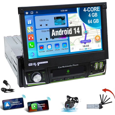 Autoradio stéréo 1 DIN avec écran rabattable de 7 pouces Android 14 Carplay GPS navigation Wi-Fi 2+64G CAM MIC (1/5)
