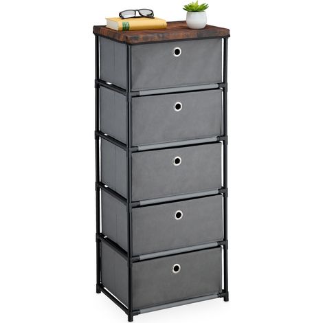 Relaxdays Kommode, 5 Stoffschubladen, Metall, Holzoptik, 105 x 43 x 33 cm, Wohnzimmer, Flur, Beistellkommode, grau/braun (1/5)