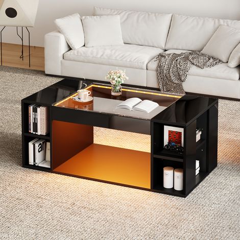 Couchtisch mit LED-Beleuchtung, gehärtetem Glas und mittiger Öffnung, Holz, 100 x 50 x 40 cm, schwarz (1/5)