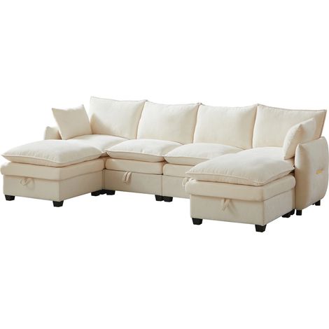 Canapé d’Angle en U modulable Beige- 4 places + 2 poufs- avec coffres de rangement- Tissu chenille -281x147x89cm
