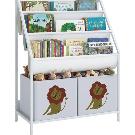 Bibliothèque pour Enfants à 4 Niveaux, Étagère à Livres pour Enfants avec Porte-Livres et Tiroir en Tissu, Blanc (1/5)