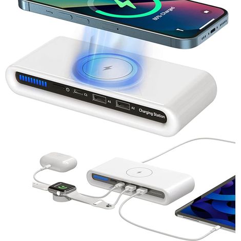 Kabelloses Ladegerät, 4-in-1-Kabelloses Ladegerät mit mehreren Anschlüssen, Qc3.0-Schnellladefunktion, Dual-USB-Kabelloses Ladegerät, Desktop-Handy-Kabelloses Ladegerät für Zuhause und unterwegs, Komp