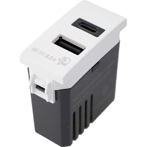 Modulo Presa Caricatore USB 5V 3A USB-A + USB-C Colore Bianco Compatibile Con Bticino Living e Vimar Plana