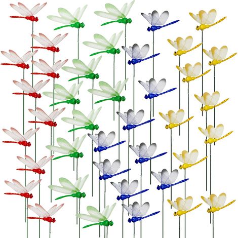 Lot de 40 Piquets de jardin, Libellule 3D en PVC, Plastique, Balancement au vent, Décoration extérieur