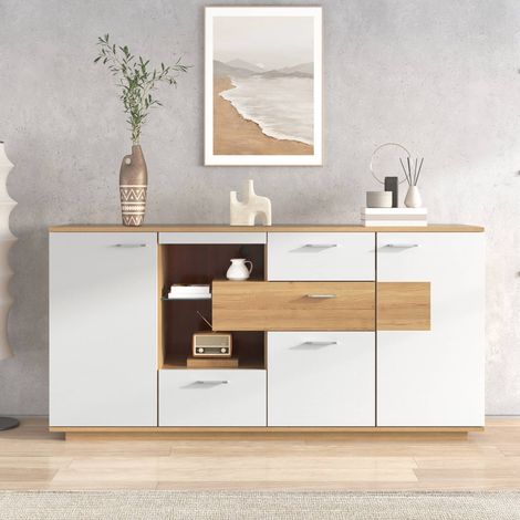 Buffet de salon LED 160 cm, meuble de rangement avec 2 portes et 4 tiroirs, étagère en verre, MDF, blanc et bois (1/5)