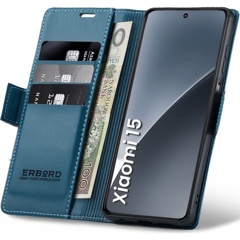 Funda para Xiaomi 15, funda tipo cartera brillante con tapa, color lichi, azul. (1/5)