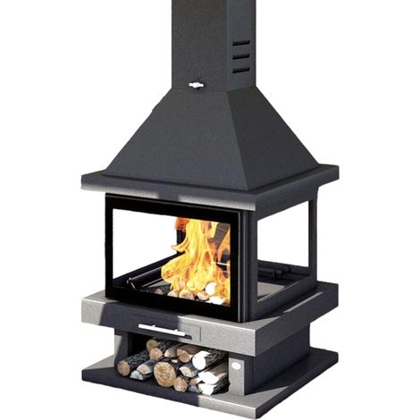 Cheminée centrale à bois 4 vitres – Puissance 13.8 kW – Volume de chauffe 373 m3 – Système de double combustion – FM