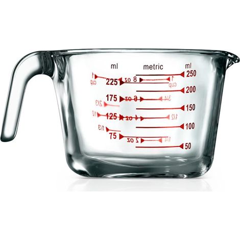 Verre À Mesurer - Verre Borosilicaté Transparent 250 ml - Échelle Imprimée - Compatible Micro-ondes Congélateur Lave-vaisselle - Poignées Ergonomiques - Bec Verseur Courbé (1/5)