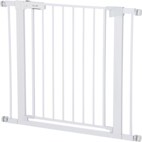 Cancelletto di sicurezza per bambini, non richiede forature, larghezza regolabile (75-96 cm), apribile con una sola mano, in metallo, colore bianco, con chiusura automatica. (1/5)